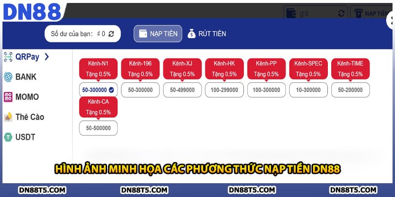 Hình ảnh minh họa các phương thức nạp tiền DN88